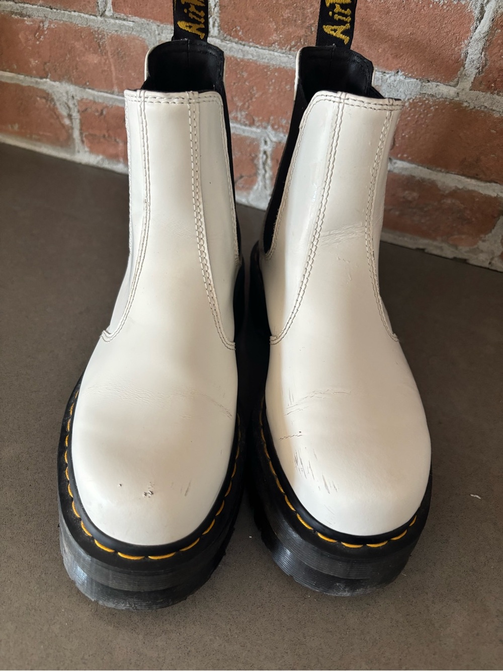 Dr Martens Platform White Leather Chelsea Boots with Yellow Stitching